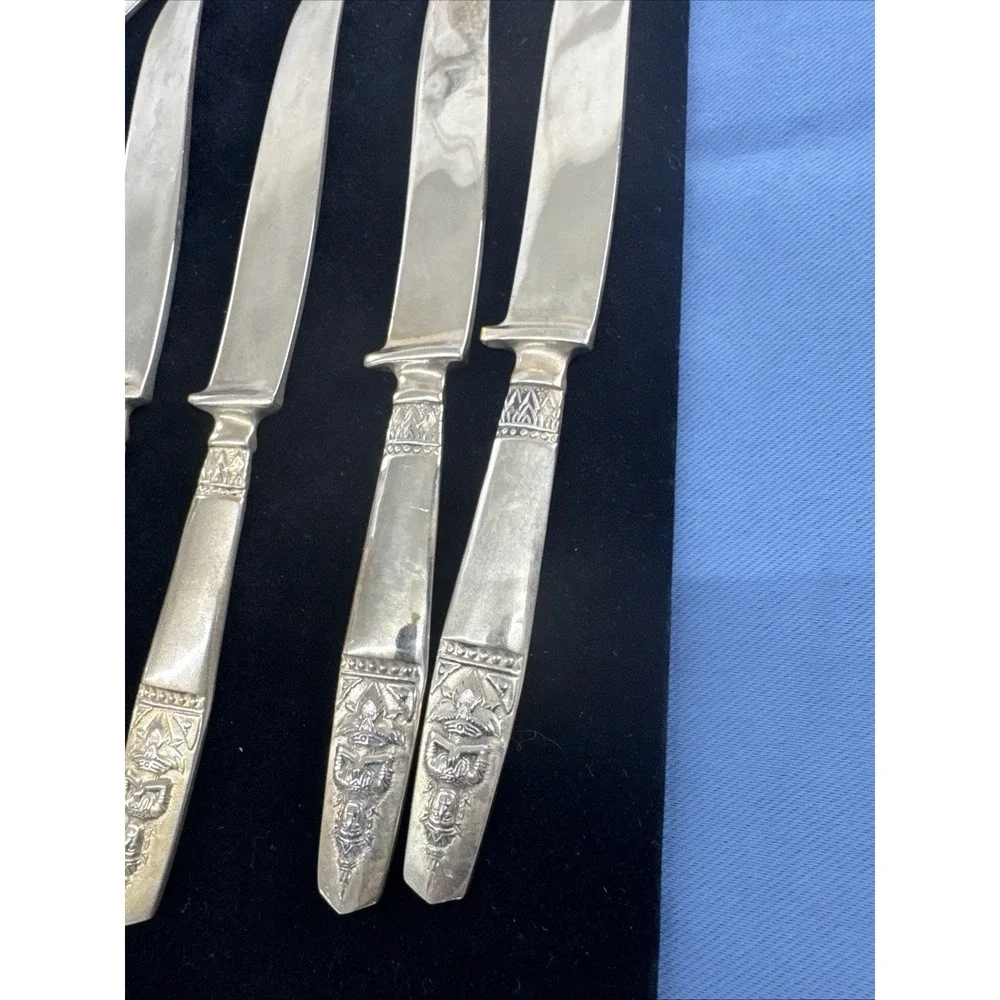 K Thailand Buddha 14 PC Flatware Set Brass  Knives And Tiny Spoons Vintage